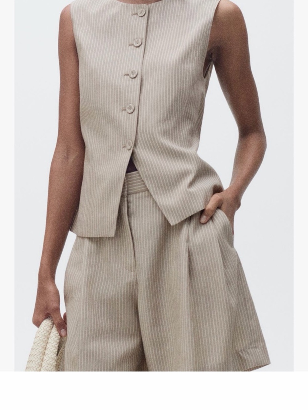 Mango Beige Pinstripe Sleeveless Button Top